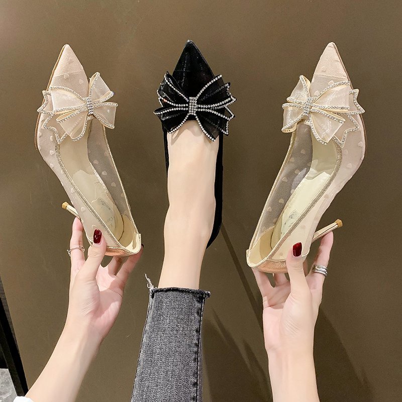 Sepatu Hak Tinggi Wanita Pointed Toe Pump Stiletto High Heels Runcing Import 8.5cm Kain Jala Beige Black Hitam - Ukuran 34 35 36 37 38 39