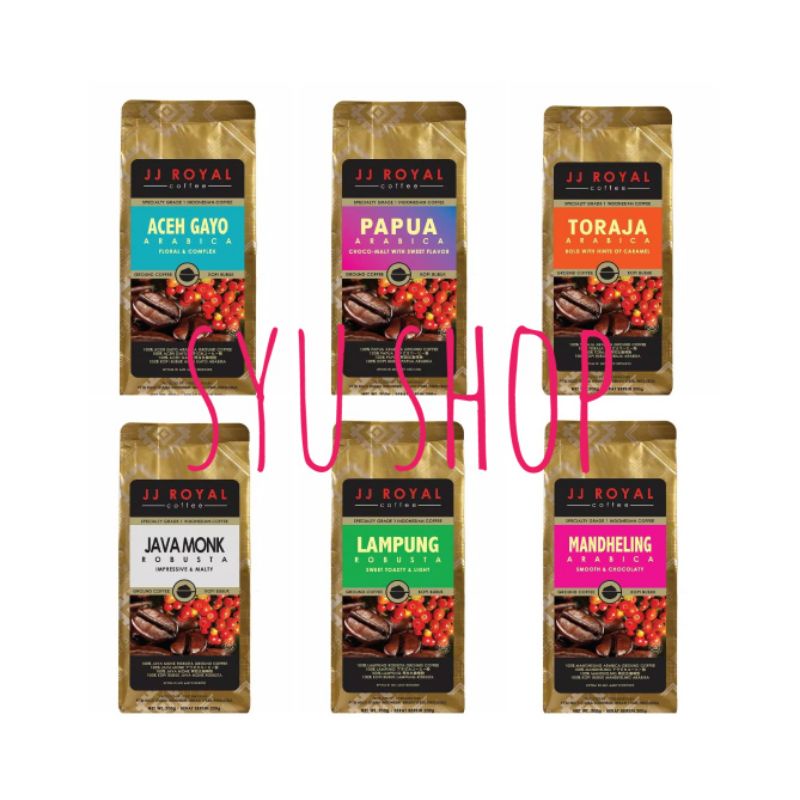 

JJ Royal ground coffee mandheling papua aceh gayo toraja lampung java monk arabica robusta 200 gr