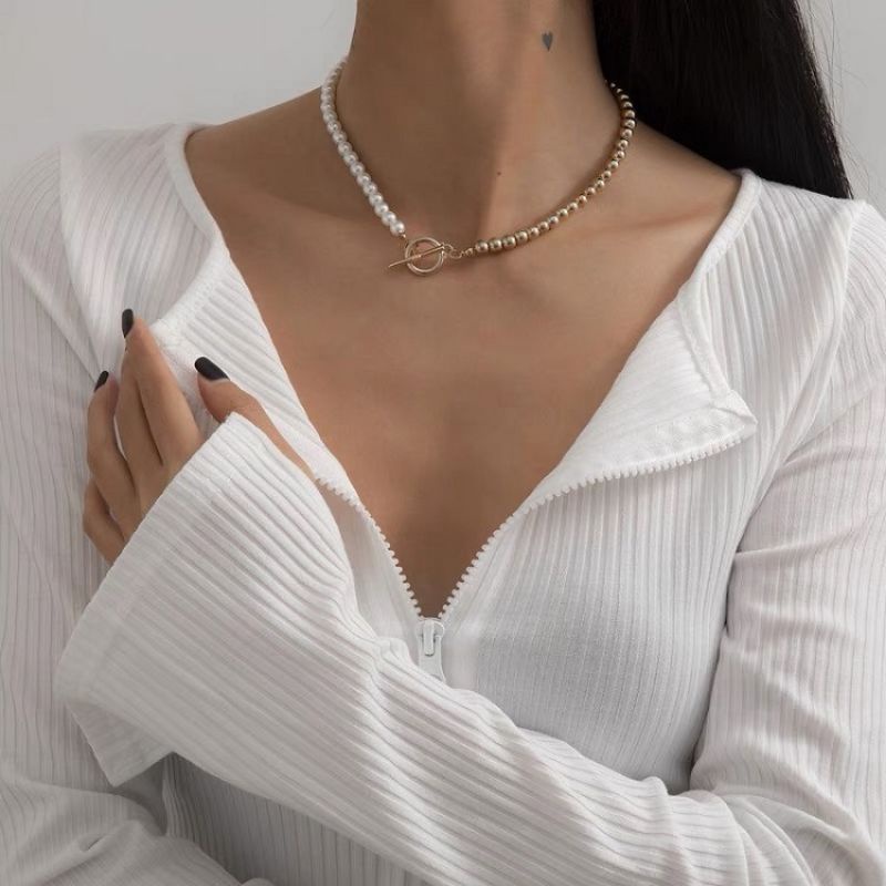 Devina Asymetric Pearl Metalic Necklace Kalung Choker Mutiara Asimetri Korea