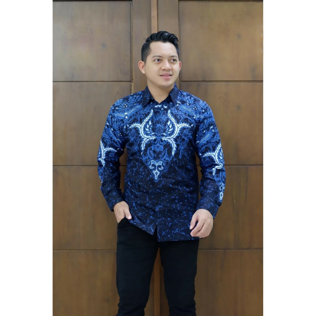 AJIBHANU BIRU Atasan Baju Kemeja Batik Pria Lengan Panjang PREMIUM Modern Harga Produsen