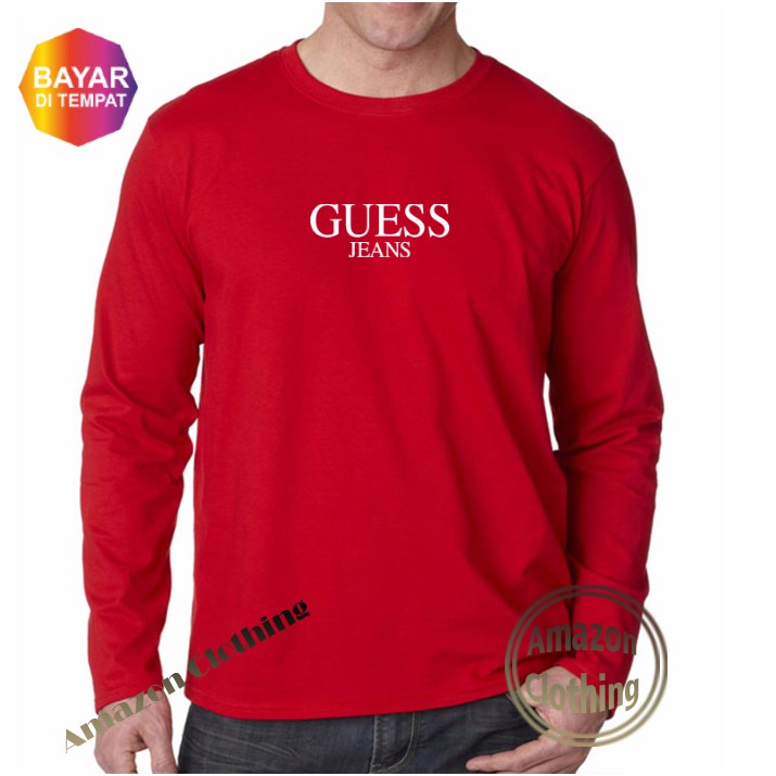 Amazon Clothing Kaos Distro Lengan Panjang Guess Premium Text Putih T-Shirt Pria Wanita