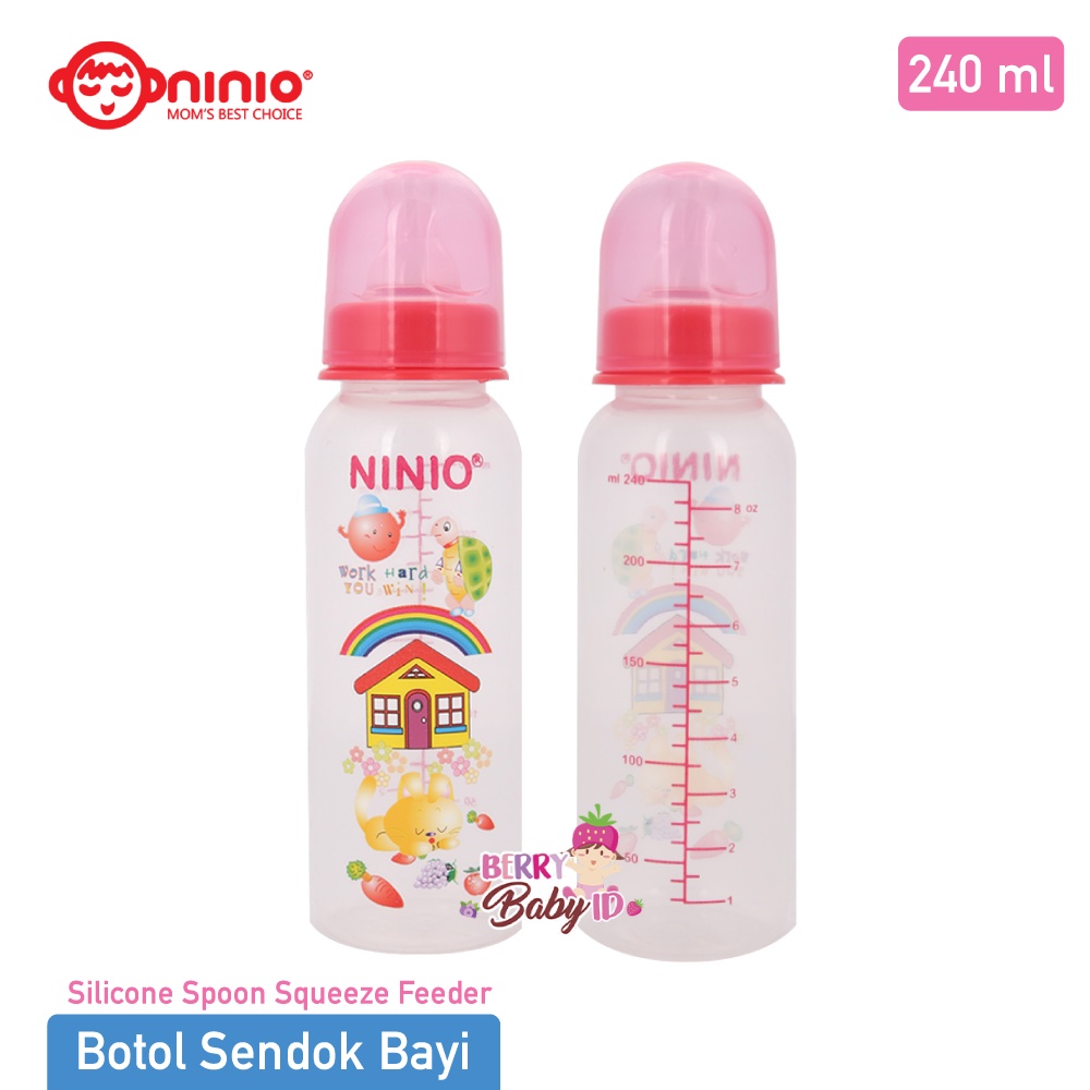 Ninio Botol Sendok &amp; Botol Susu Bayi 240 ml Silicone Squeeze Feeder GRATIS Nipple Dot Silikon MPASI Berry Mart