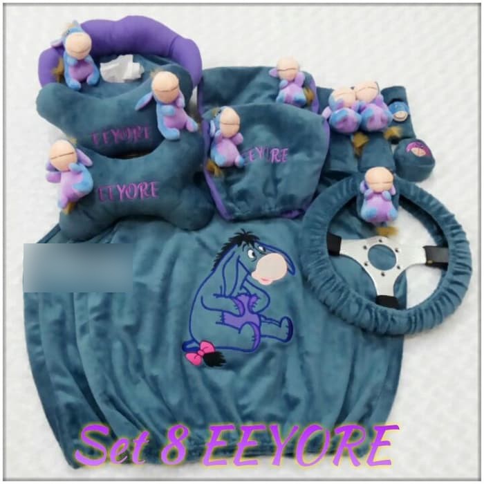 Set SARUNG bantal headrest sandaran kepala jok leher kursi mobil Eeyore EYORE UNGU 8 N