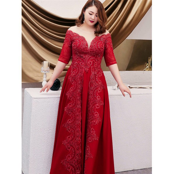 Gaun Malam Merah Maroon O-Neck Wanita Party dress