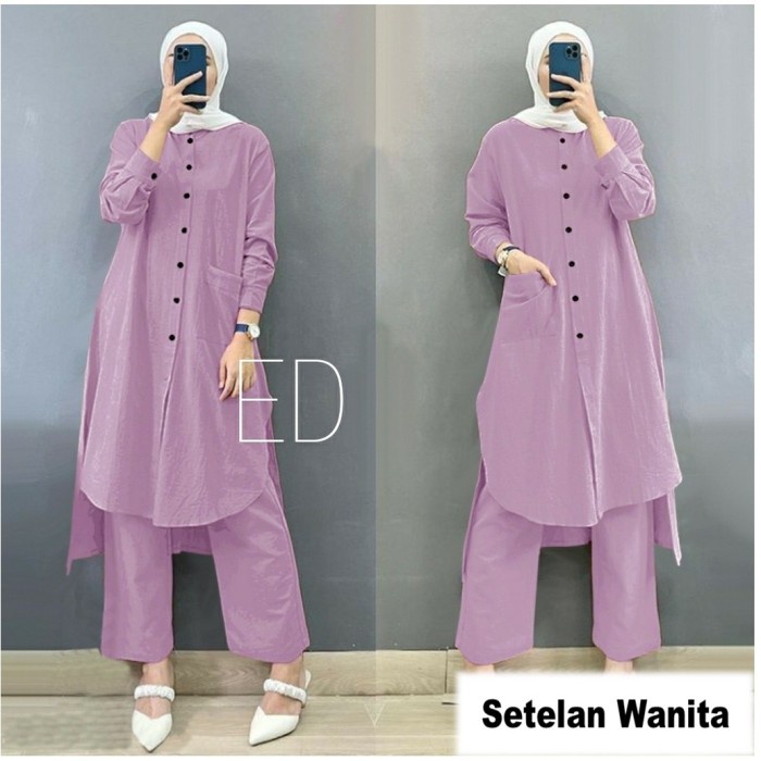 setelan tunik celana wanita terbaru/Long tunik terbaru muslim wanita - Lavender