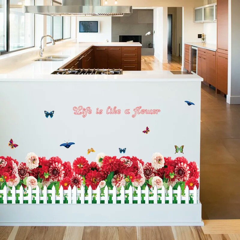 RELIZA WALL STICKER RUMPUT PAGAR PUTIH BUNGA GRASS RED FLOWER STIKER DINDING SK7002