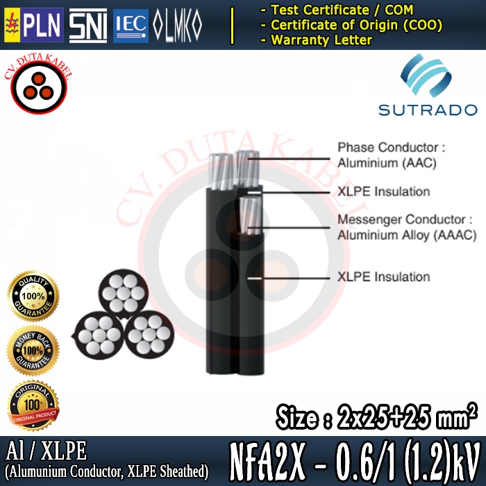Kabel NFA2X-T 2x25 mm2 + 25 mm2 SUTRADO /Twisted Cable/Kabel Udara/PLN/2 x 25 mm2 + 25 mm2/2x25+25