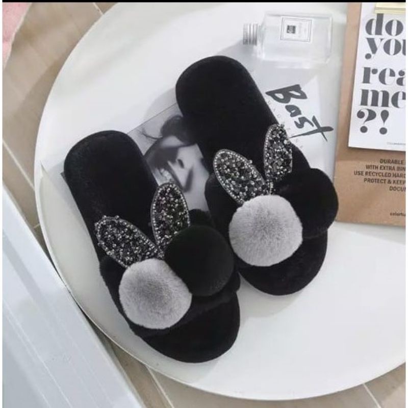 Sandal Wanita Sandal Korea Kokop Bulu Pom-pom Kelinci 36/40