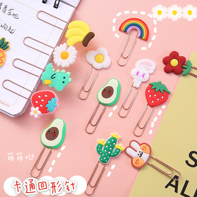 10pcs / Set Klip Kertas Motif Kartun Babi / Bunga / Strawberry Bahan Metal Tahan Lama Untuk Kantor / Sekolah