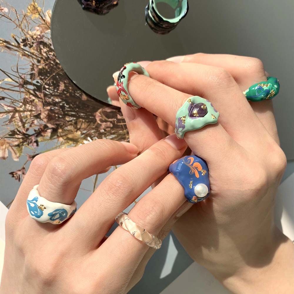 Needway  Geometric Finger Rings Personality Alloy Open Ring Women Colorful Korean Painted Flower Temperament Girls Fashion Jewelry/Multicolor