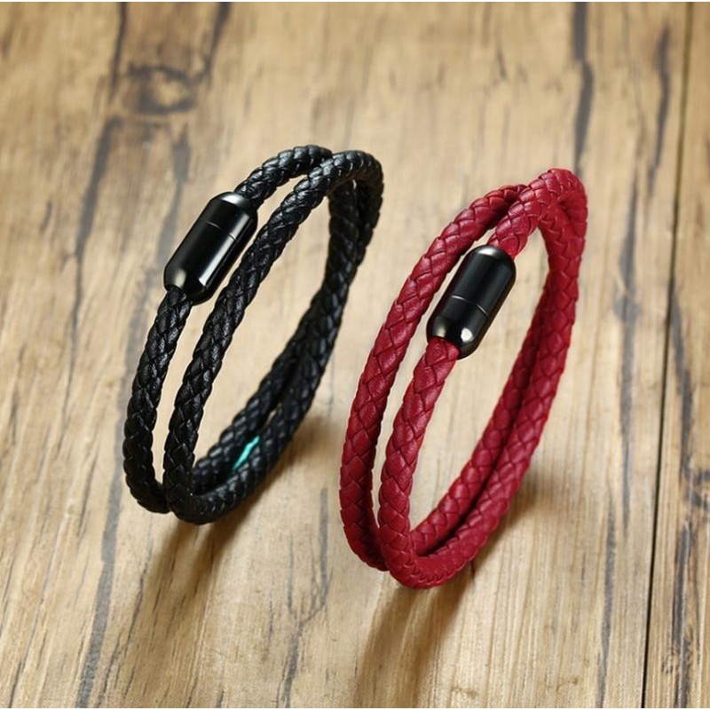 Gelang Tali Rantai Bahan Kulit Model Kepang Ganda Gaya Klasik Untuk Pria