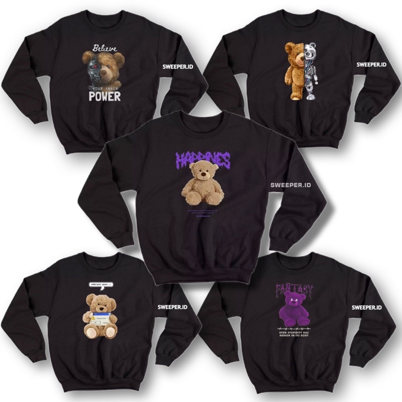 SWEATER CREWNECK TEDDY BEAR CAMPUR WARNA HITAM BAHAN FLEECE