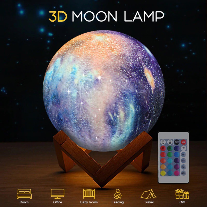 3D Print Colorful Starry Sky Lunar - Lampu Tidur Bentuk Planet - 18 cm