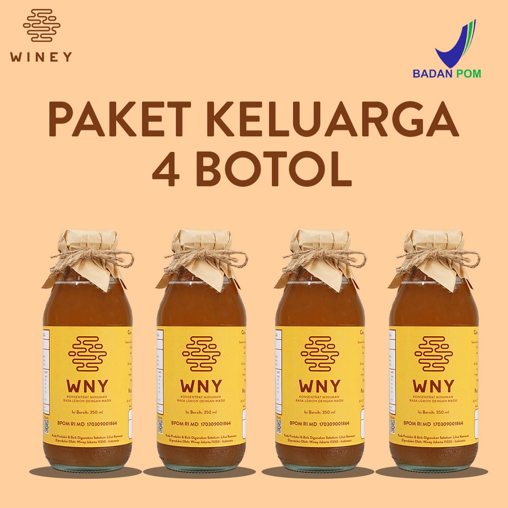 WNY 350 ml | PAKET KELUARGA 4 BOTOL | Winey Healthy Drink | Madu Hutan + Sari Lemon + Cuka Apel Halal | BPOM | UNTUK GERD, DIET, PENURUN BERAT BADAN, INSOMNIA, ASAM LAMBUNG, DETOKS, BATUK, FLU, RADANG TENGGOROKAN | BERGARANSI