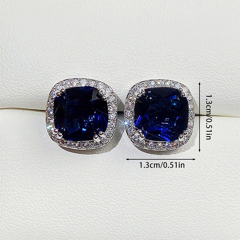 Anting Stud Cubic Zirconia Warna Biru Untuk Wanita