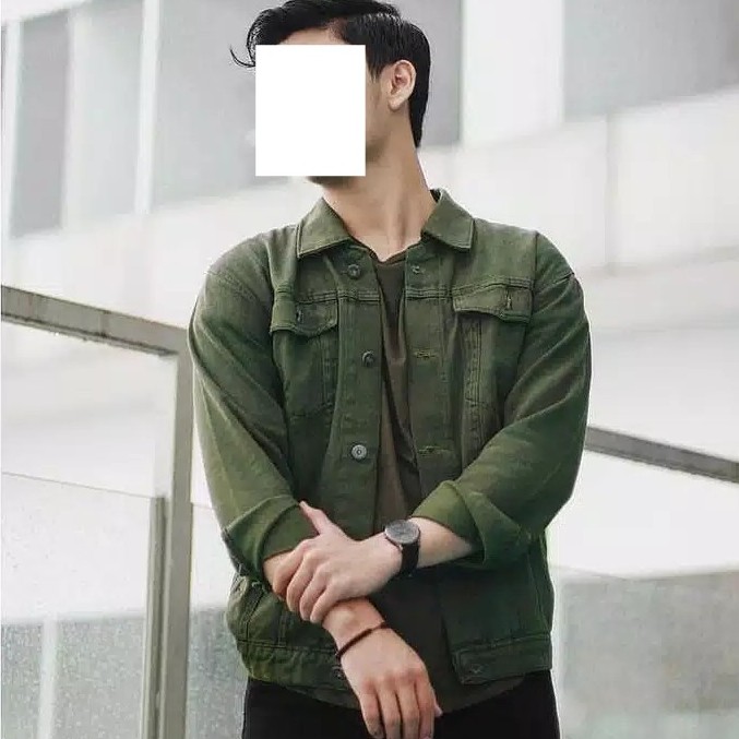 Jaket jeans pria cowok bioblizt biowash garmen hijau army maroon abu coklat dilan sandwash