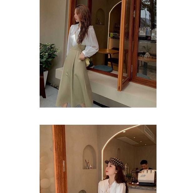 Setelan Temperamen Gaya Baru Blus Retro Prancis Wanita + Rok Suspender Temperamen Awal Musim Gugur Setelan Fashion Dua Potong-5