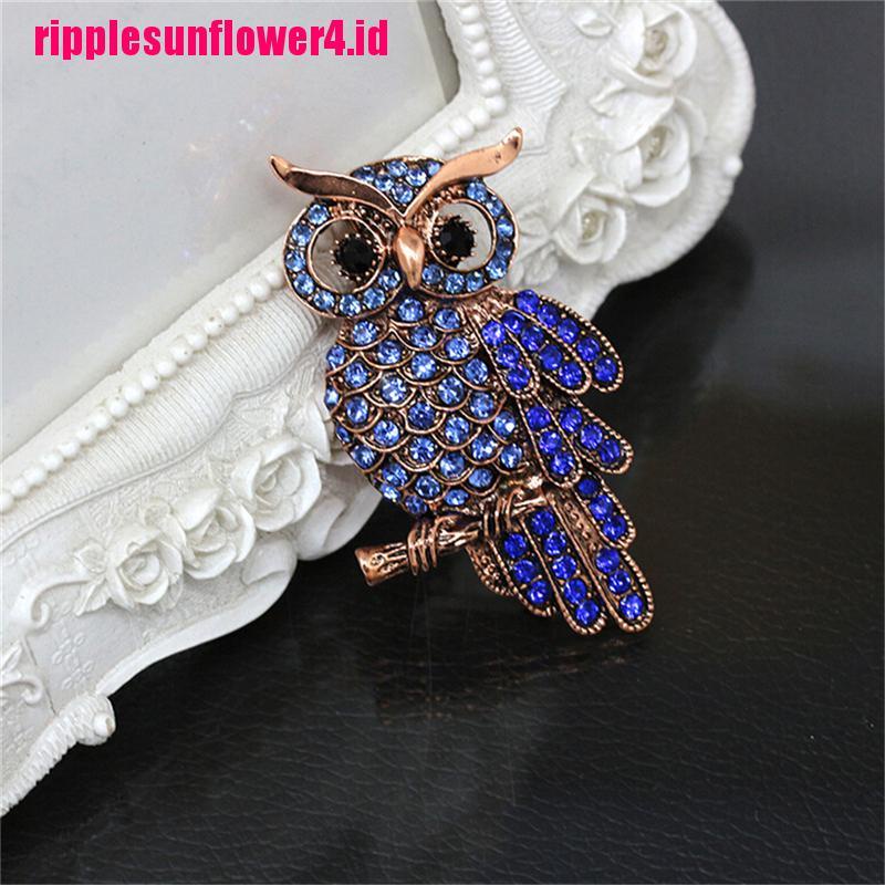 Bros Pin Bentuk Burung Hantu Warna Emas Aksen Berlian Imitasi Biru Gaya Vintage Untuk Pernikahan
