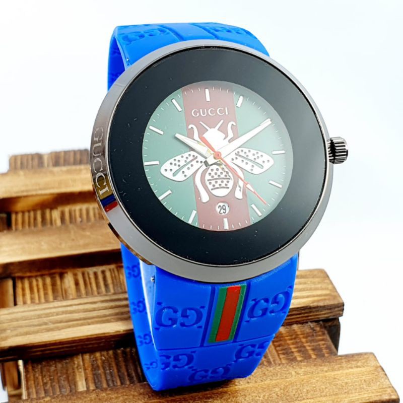 JAM TANGAN WANITA GUCCI CAPUNG BODY HITAM RUBBER TANGGAL AKTIF || DIAMETER 4 CM || COD