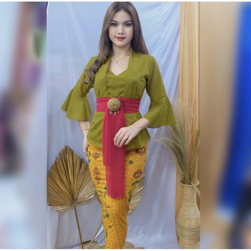 (kebaya saja) kebaya bali rumbai moscreft ceruty lengan terompet-Olive