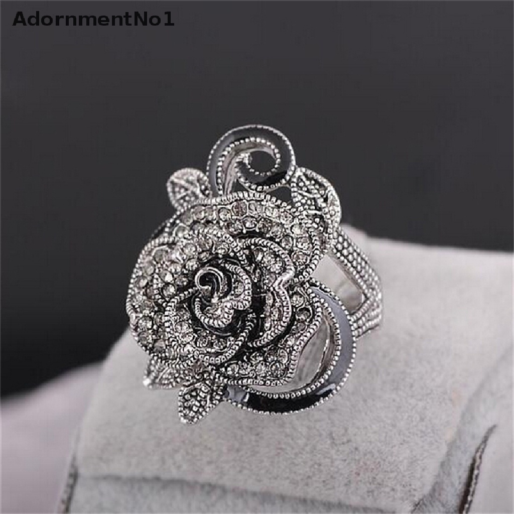 (AdornmentNo1) Cincin Gaya Retro Vintage Motif Bunga Mawar Aksen Kristal Hitam Untuk Perhiasan Wanita / Hadiah