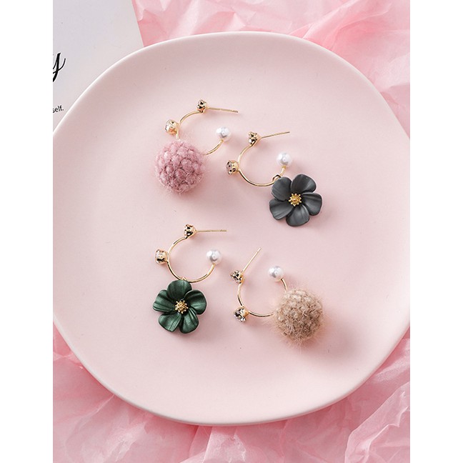 LRC Anting Tusuk Fashion A Pink Fur Ball Pearl Asymmetric Flower Hair Ball Earrings D63789