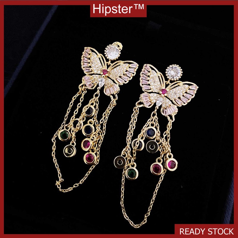 Light Luxury Butterfly Long Tassel Micro Inlaid Zircon French Style Mori Earrings High-End Fashion Sense