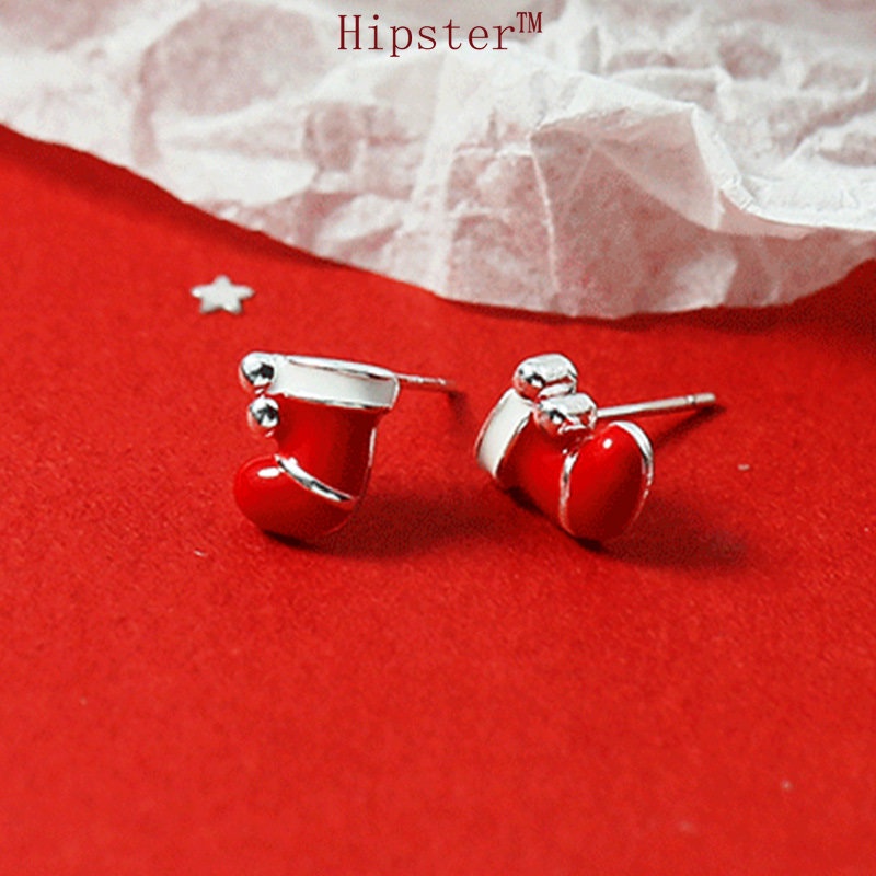 Anting Tusuk Sterling Silver 925 Desain Kaos Kaki Natal Warna Merah Untuk Wanita