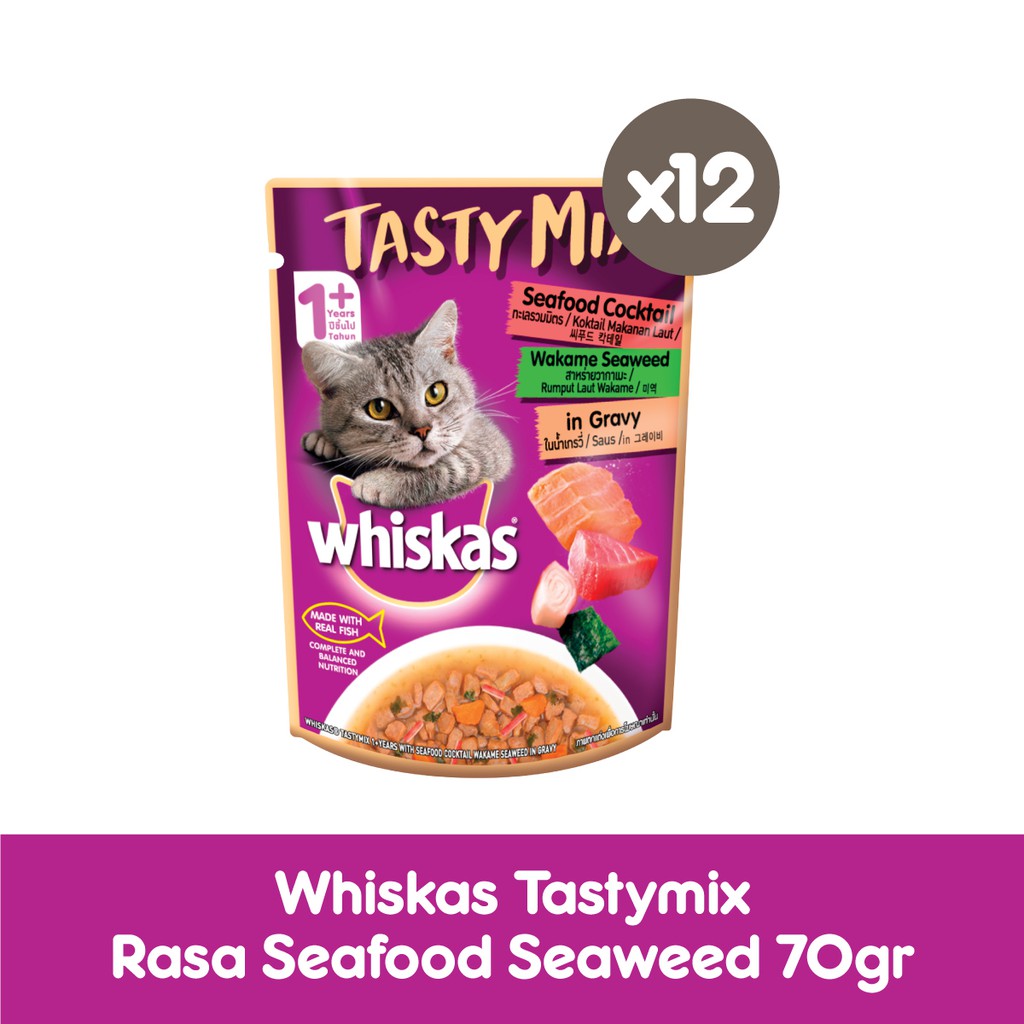 WHISKAS® Tasty Mix Makanan Kucing Basah Pouch 70gr - Isi 12-Seafood Seaweed