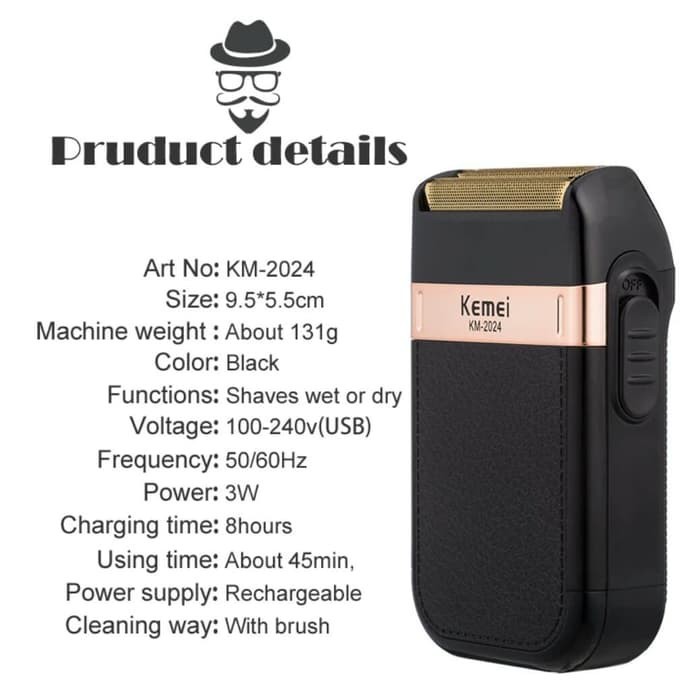 Kemei KM 2024 Alat Cukur Jenggot Kumis Botak Rata Kulit USB Shaver Mesin Cukuran Elektrik KM-2024