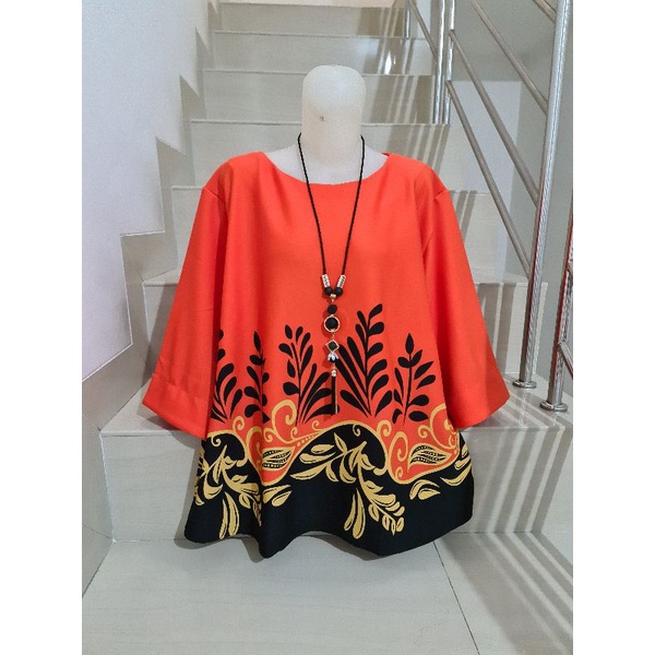 Blouse Scuba Premium Import Jumbo 2XL-3XL-Motif Daun - Orange