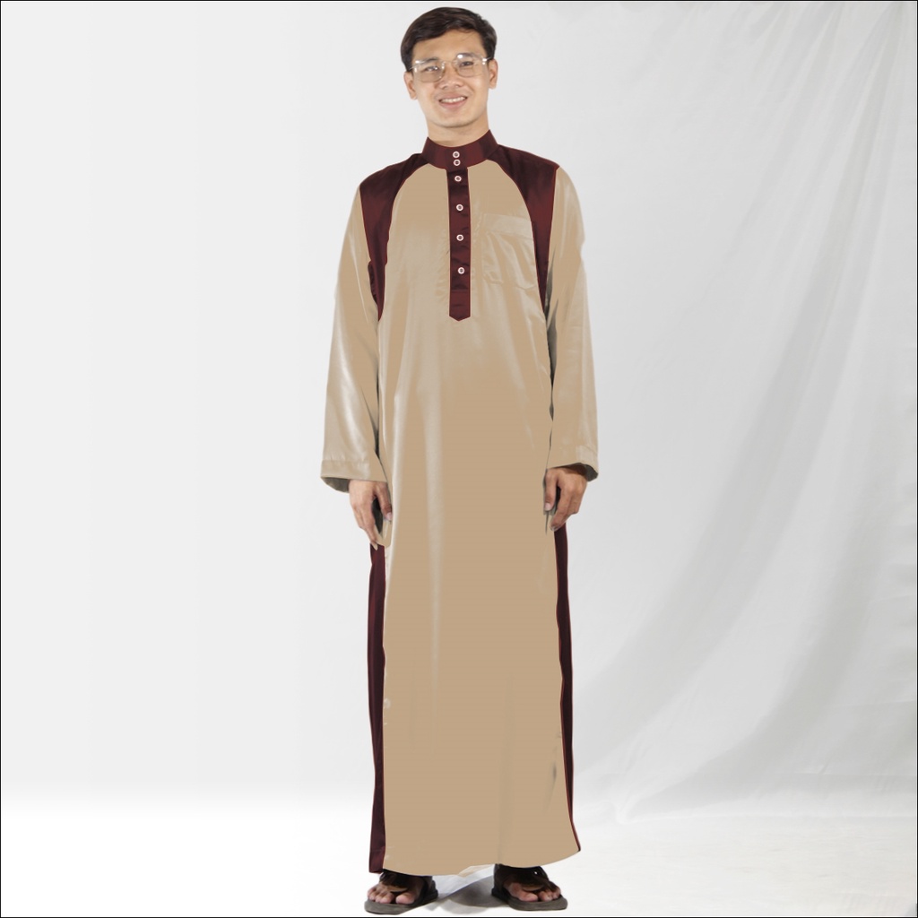 Gamis Pria Jubah Gamis Laki Laki seri Velvet Kombinasi Gamis Modern Gaya Casual Remaja dan Dewasa-Cream Coklat