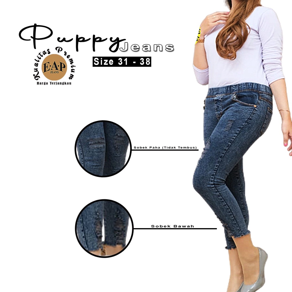 Celana Jeans Wanita Pinggang Karet PUPPY Sobek Tidak Tembus Kekinian 2021