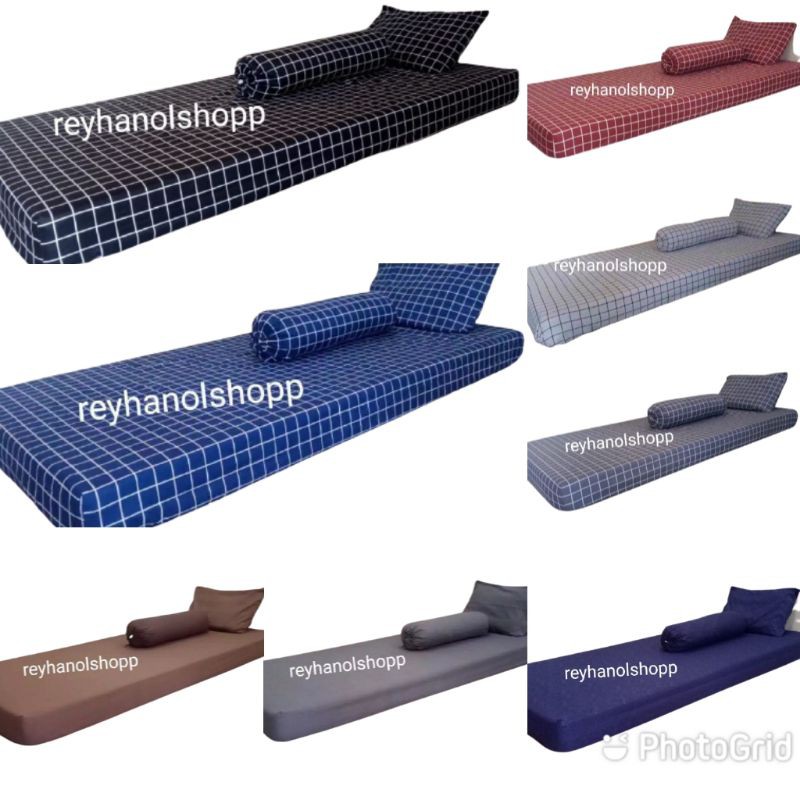 Sprei set sudut karet motif kotak dan polos single size: 90x200x15/120×200×15