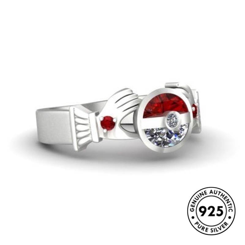 Cincin S925 Silver Bentuk Poke Ball Aksen Berlian