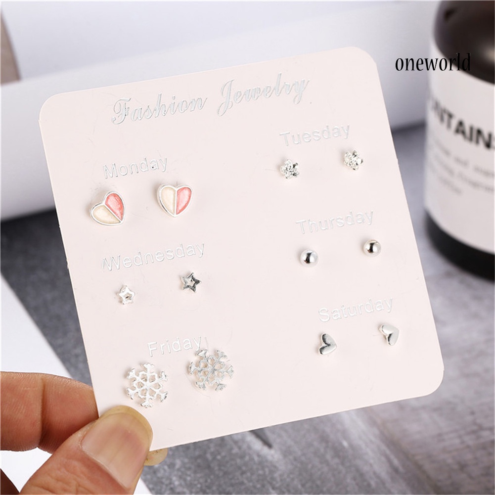 OW@ 6 Pairs Women Snowflake Heart Star Leaf Faux Gem Ear Stud Earrings Jewelry Gift