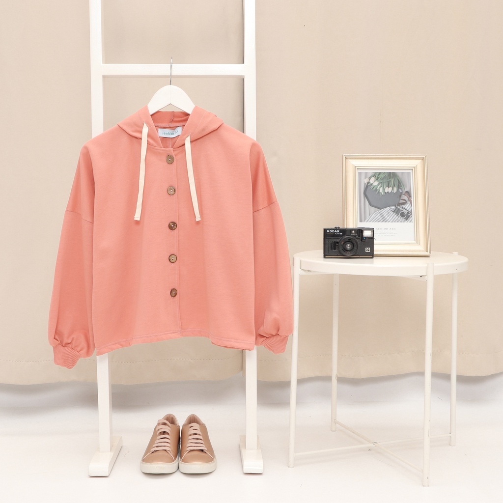 Sweater wanita model kardigan outer Lengan Puffy Pakaian wanita Casual korea-hoodie peach
