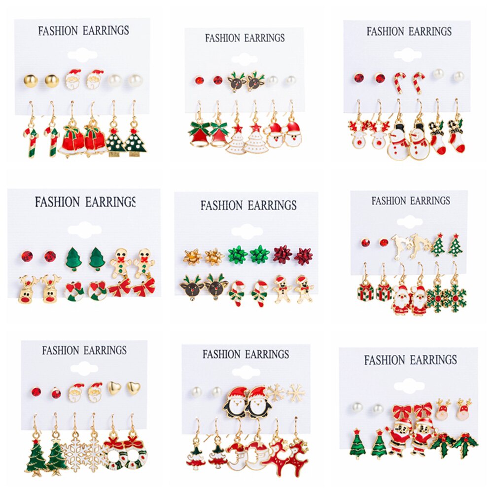 12pcs Santa Claus Christmas Tree Reindeer Snowman Earring Set For Women Pearl Crystal Stud Earrings Fashion Jewelry