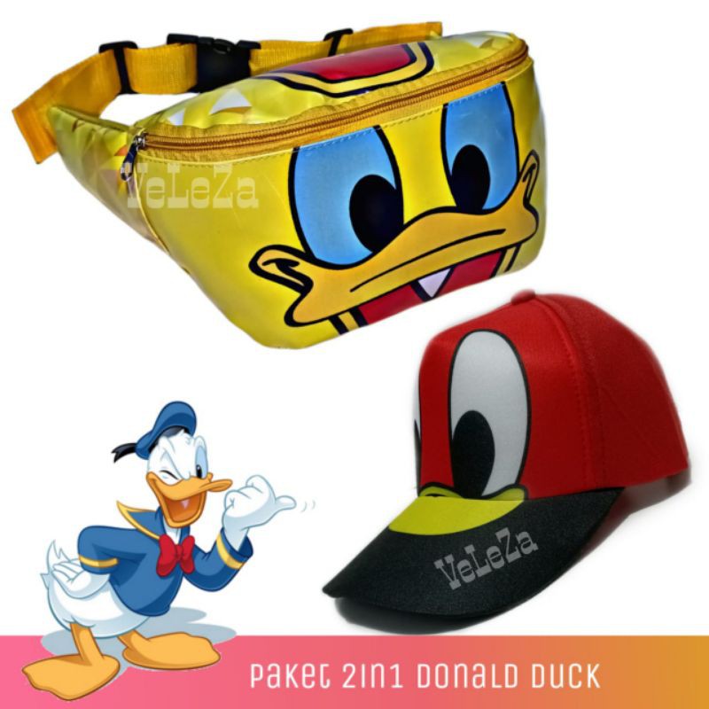 2in1 Waistbag Anak Karakter Donald duck plus topi - Tas Selempang anak - Tas Anak