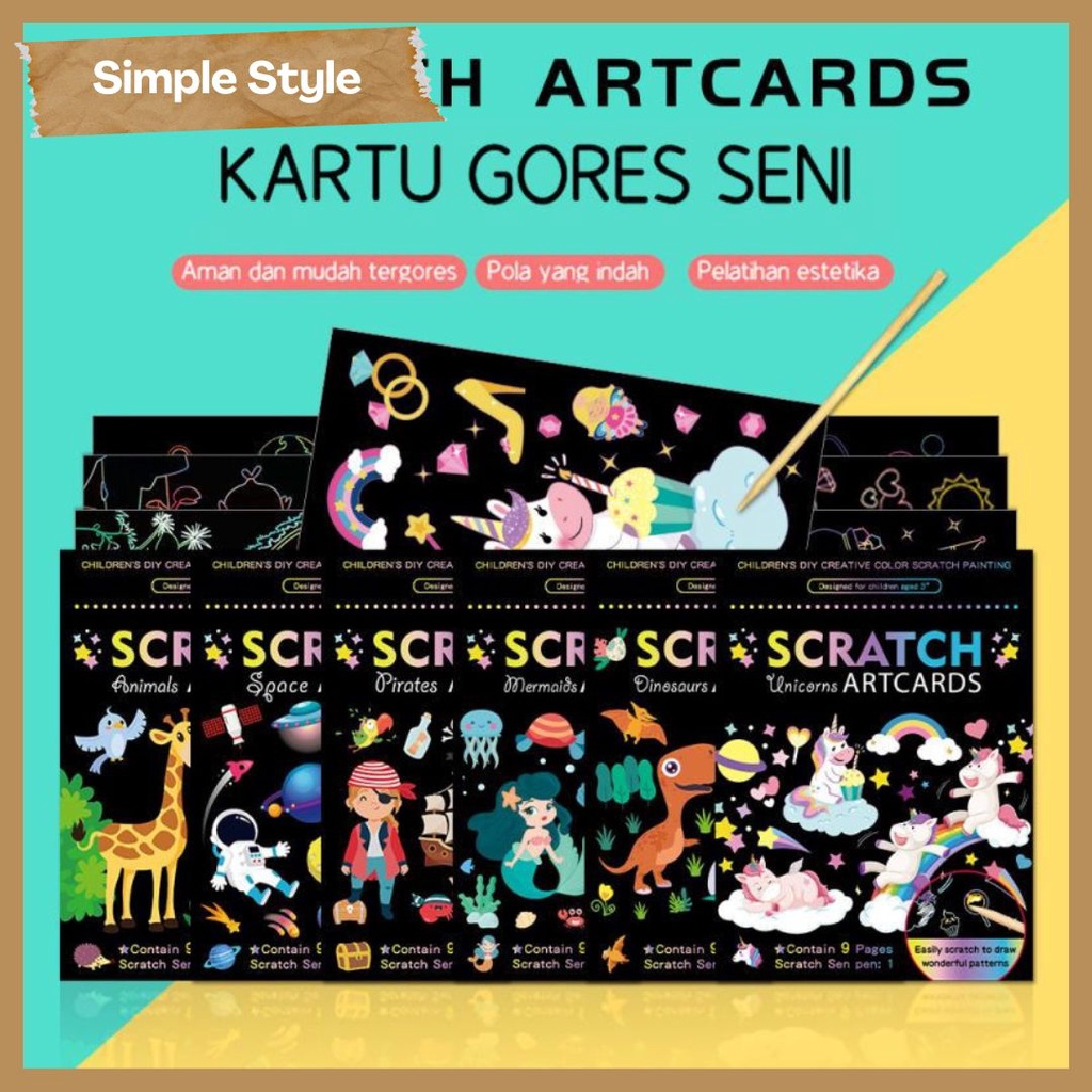 Mainan Scratch Art Card Paper 9 Pack / Gosok Kertas Warna Warni / Kertas Gosok Pelangi Estetik Bagus Free Kayu Penggaruk