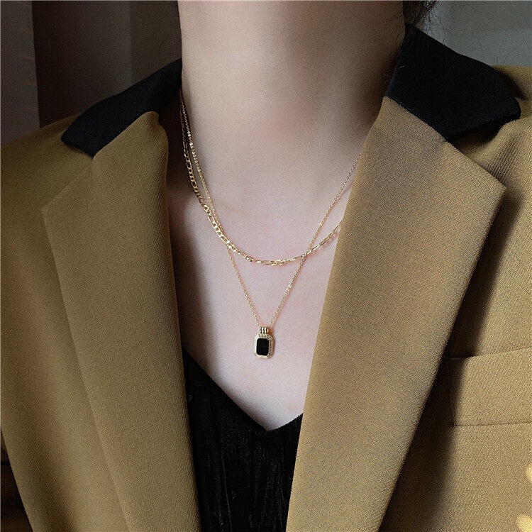 Kalung dua layer liontin hitam titanium anti karat harga grosir bisa COD