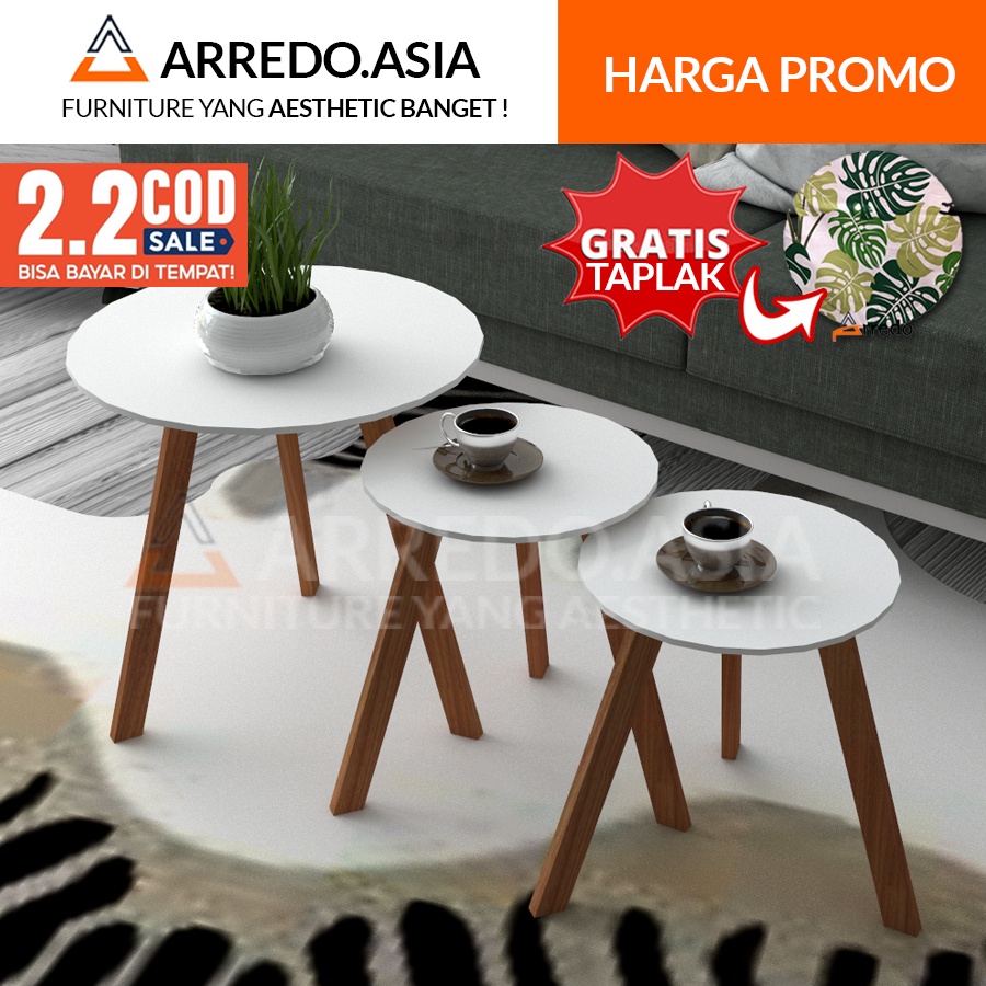 Jual Arredo - Paket Meja Tamu Bulat Minimalis 1 Set 3 meja - Putih