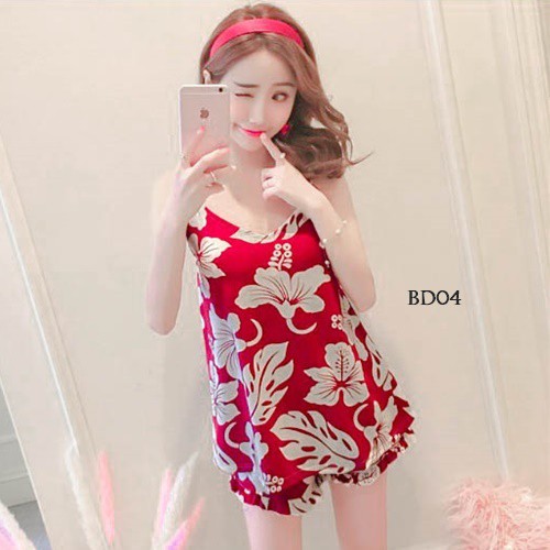 [STOK TERBATAS] PIYAMA KOREA HOMEDRESS BAJU TIDUR WANITA BABYDOLL FLORAL MERAH BD04