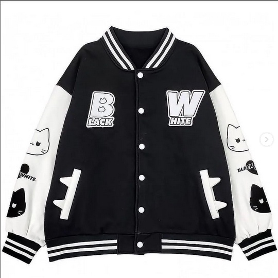 WHITE BLACK CAT JAKET BASEBALL VARSITY BAHAN FLEECE