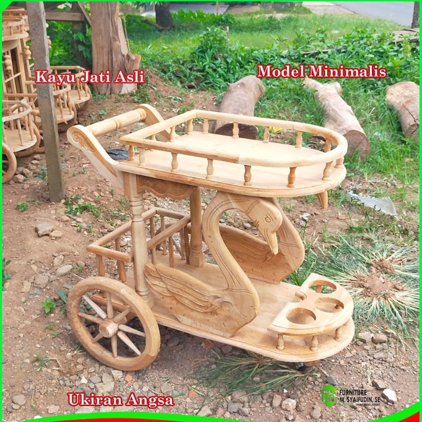 Troli Nampan Dorong Kayu Jati Ukiran Angsa