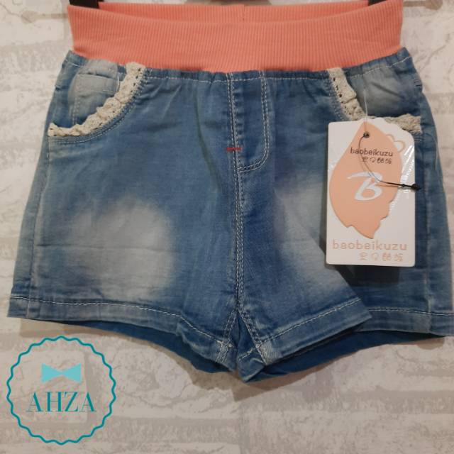 AHZA CELANA PENDEK JEANS ANAK IMPORT BORDIR HAPPY SIZE 8