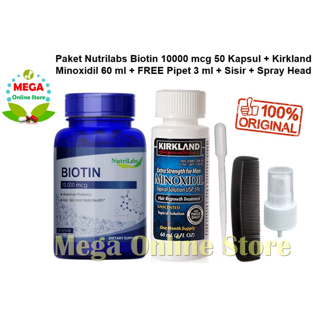 Paket Kirkland Minoxidil 60ml + Nutrilabs Biotin 10000 mcg USA