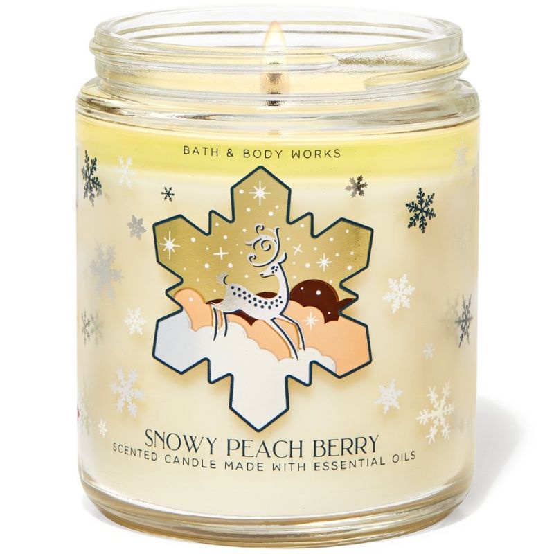 BATH &amp; BODY WORKS BBW SNOWY PEACH BERRY MADE WITH ESSENTIAL OILS WHITE BARN 1 SINGLE WICK SCENTED CANDLE 198 G PENGHARUM RUANGAN