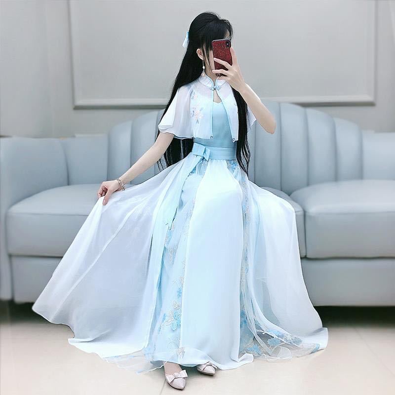 2021 new dress women's blue and white snow spun shawl National Style Embroidered improved Hanfu stud