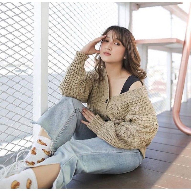 Cardigan Rajut Oversize Nacara Premium Cardy Crop Tebal-Cream muda
